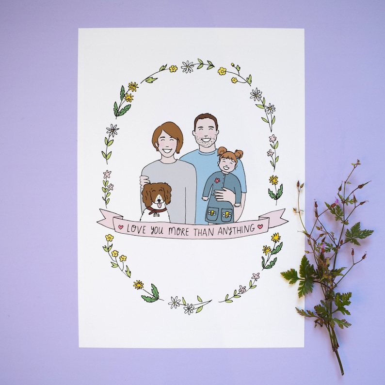 Personalised Family of Three Illustration Family of 3 People and Pets image 1
