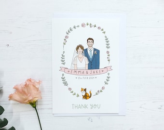 Wedding Thank You Cards with Personalised Couple Illustration - Digital Only