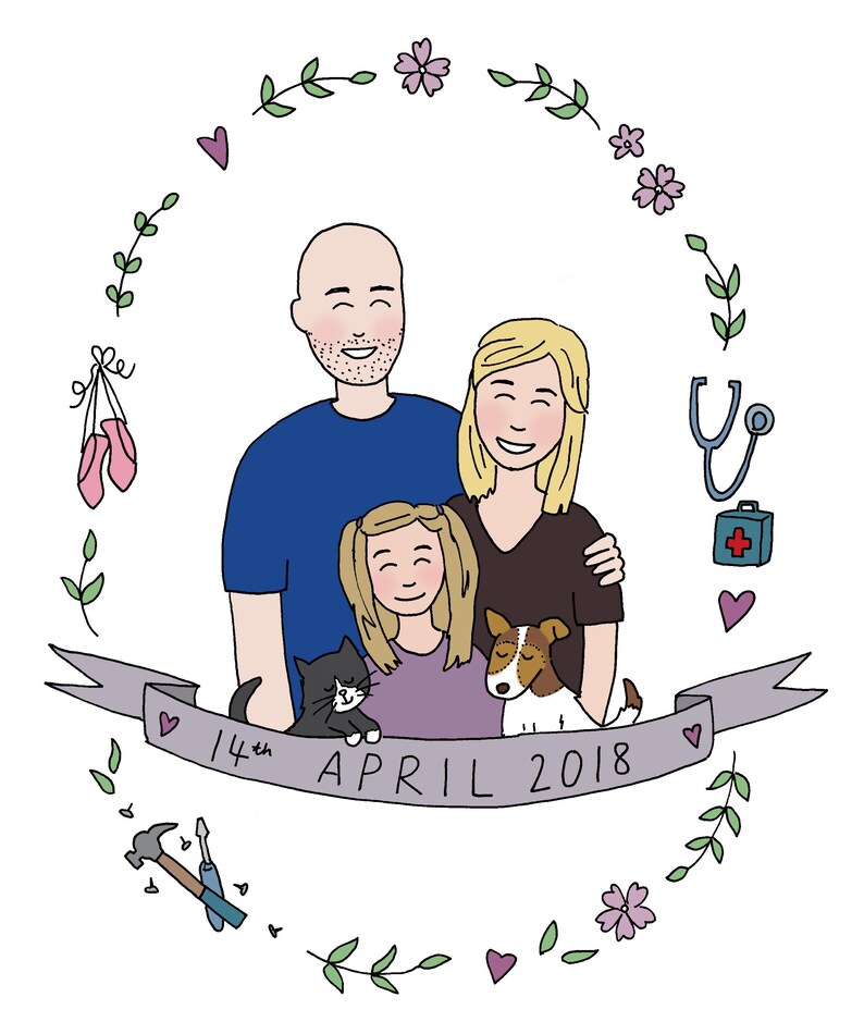 Personalised Family of Three Illustration Family of 3 People and Pets image 4