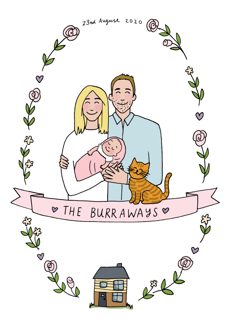 Personalised Couple and New Baby Family Illustration image 6