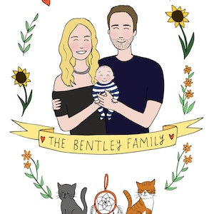 Personalised Family of Three Illustration Family of 3 People and Pets image 7