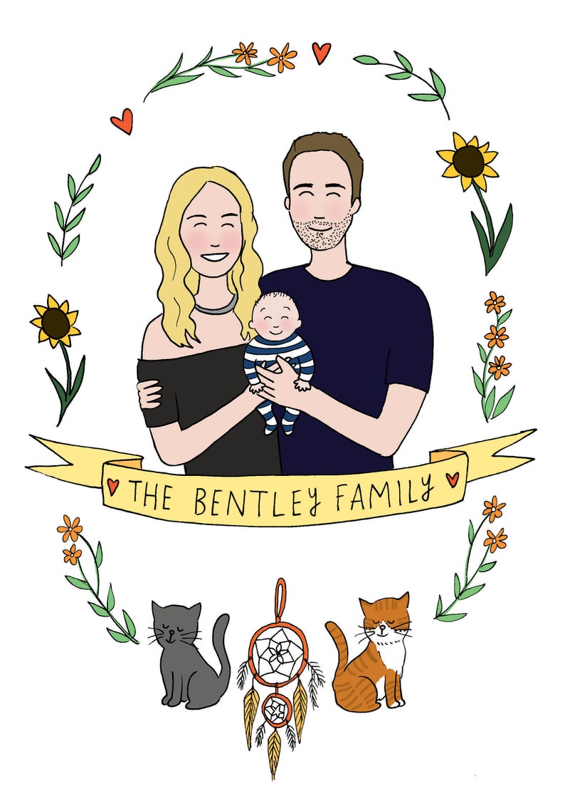 Personalised Family of Three Illustration Family of 3 People and Pets image 7