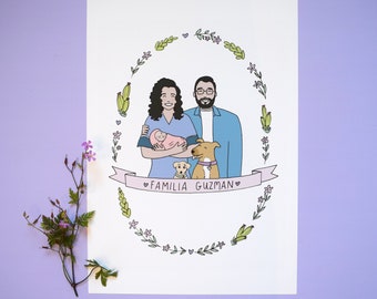 Personalised Couple and New Baby Family Illustration