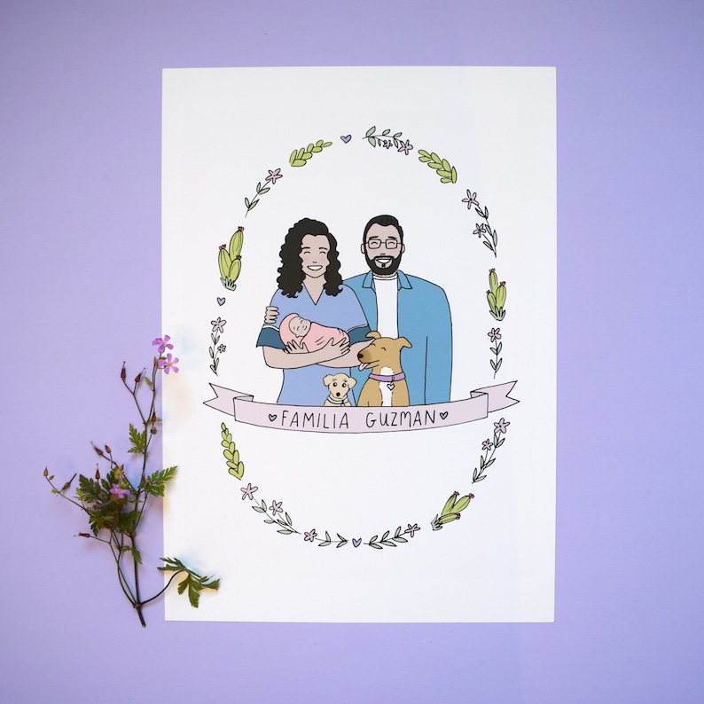 Personalised Couple and New Baby Family Illustration image 1