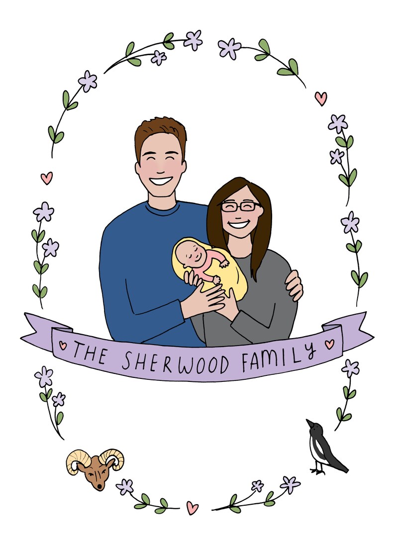 Personalised Couple and New Baby Family Illustration image 9