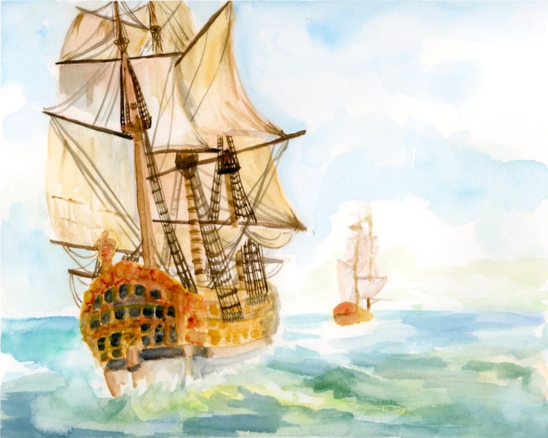 Watercolor Pirate Ship on the Ocean Art Print of Original Painting Home ...