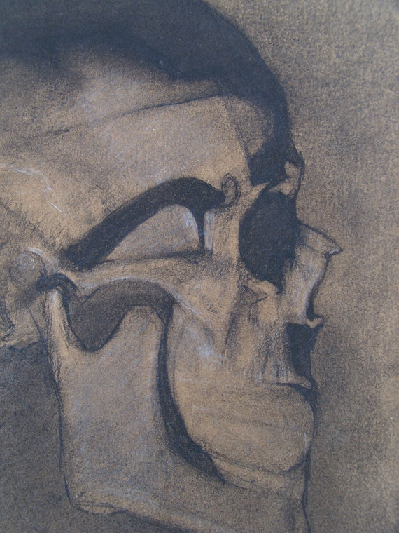 Original Skull Charcoal Drawing On A Brown Scrap Paper Etsy