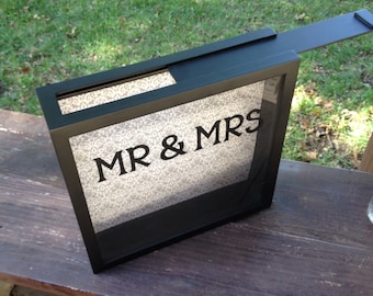 WEDDING CARD Box, 12x12, Shadow Box, THEN use for an Admit One Box to keep your ticket stubs in, Mr and Mrs, wedding decor,