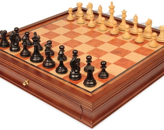 Fierce Knight Staunton Chess Set - Ebonized & Boxwood Pieces - Elm Burl  Bird's-Eye Maple Two-Drawer Chess Case - 3" King