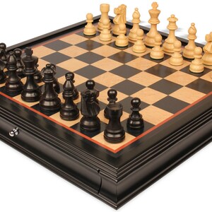 French Lardy Staunton Chess Set Ebonized & Boxwood Pieces with Black  Bird&#39;s-Eye Maple Chess Case - 3.75&quot; King