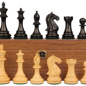 Fierce Knight Staunton Chess Set Ebony & Boxwood Pieces with Walnut Chess Box - 4&quot; King