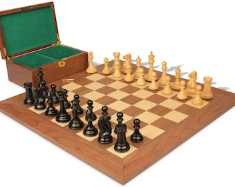 New Exclusive Staunton Chess Set - Ebonized & Boxwood Pieces - Walnut Deluxe Chess Board  Box  - 4" King