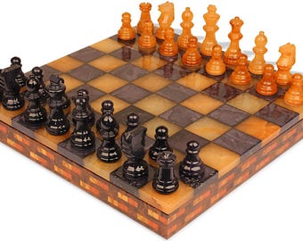 Scali Alabaster Chess Set with Storage Tray - Black & Agate - 15"