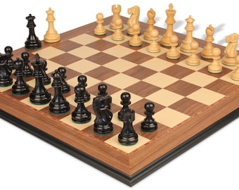 Deluxe Old Club Staunton Chess Set - Ebony & Boxwood Pieces - Walnut Molded Edge Chess Board - 3.75" King