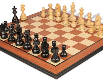 German Knight Staunton Chess Set - Ebonized & Boxwood Pieces - Mahogany Molded Edge Chess Board - 3.25" King