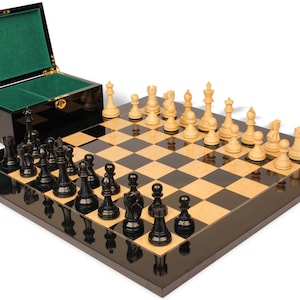British Staunton Chess Set Ebonized & Boxwood Pieces with Black  Ash Burl Board  Box - 4&quot; King