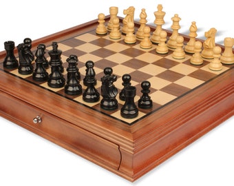 French Lardy Staunton Chess Set - Ebonized & Boxwood Pieces - Walnut Two-Drawer Chess Case - 3.25" King