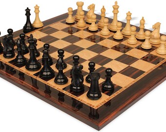 New Exclusive Series Chess Set - Ebonized & Natural Boxwood Pieces - Macassar  Bird's-Eye Maple Chess Board - 4" King