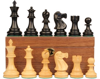 Deluxe Old Club Staunton Chess Set - Ebony & Boxwood Pieces - Walnut Classic Chess Box - 3.75" King