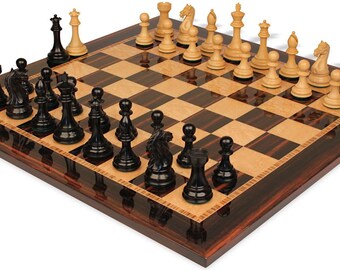 Fierce Knight Series Chess Set - Ebonized & Natural Boxwood Pieces - Macassar  Bird's-Eye Maple Chess Board - 4" King