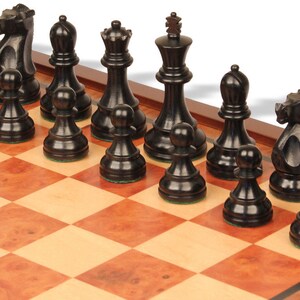 Fischer-Spassky Commemorative Chess Set - Ebonized & Boxwood Pieces - Elm Burl Bird's-Eye Maple Two-Drawer Chess Case - 3.75" King image 8