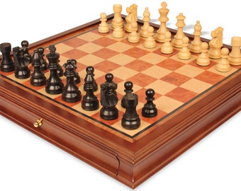 French Lardy Staunton Chess Set - Ebonized & Boxwood Pieces - Elm Burl  Bird's-Eye Maple Two-Drawer Chess Case - 3.75" King