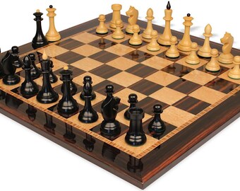 Queen's Gambit Final Match Chess Set - Ebonized & Natural Boxwood Pieces - Macassar  Bird's-Eye Maple Chess Board - 4" King