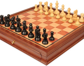 Deluxe Old Club Staunton Chess Set - Ebony & Boxwood Pieces - Elm Burl  Bird's-Eye Maple Two-Drawer Chess Case - 3.75" King