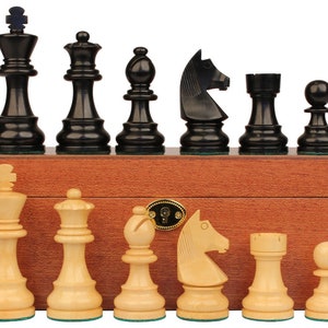 German Knight Staunton Chess Set Ebonized & Boxwood Pieces with Mahogany Chess Box - 3.75&quot; King