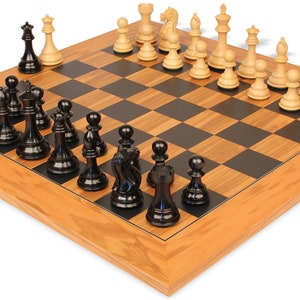 Fierce Knight Staunton Chess Set Ebonized & Boxwood Pieces with Olive Wood  Black Deluxe Board - 3.5&quot; King