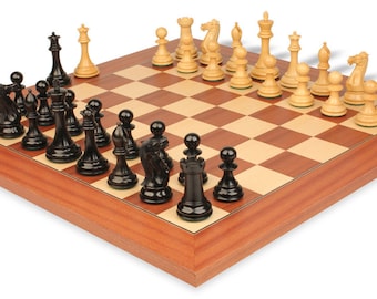 New Exclusive Staunton Chess Set - Ebonized Boxwood & Boxwood Pieces - Mahogany Deluxe Chess Board - 4" King