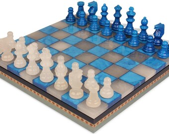 Scali Alabaster Chess Set with Storage Tray - Blue & White - 15"
