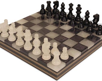 Scali Alabaster Chess Set with Storage Tray - Black & White - 15"