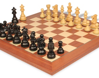 French Lardy Staunton Chess Set - Ebonized & Boxwood Pieces - Mahogany Deluxe Chess Board - 3.75" King