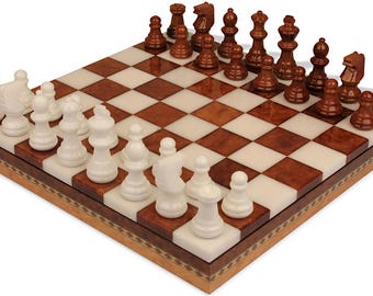Scali Alabaster Chess Set with Storage Tray - Brown & White - 15"