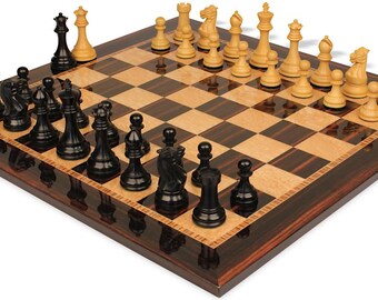 Old English Classic Staunton Chess Set - Ebonized & Natural Boxwood Pieces - Macassar  Bird's-Eye Maple Chess Board - 3.9" King