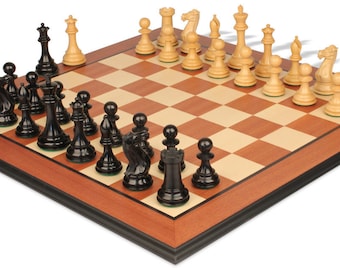 New Exclusive Staunton Chess Set - Ebonized & Boxwood Pieces - Mahogany Molded Edge Chess Board - 3.5" King