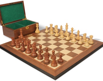 British Staunton Chess Set - Golden Rosewood & Boxwood Pieces - Walnut Molded Edge Chess Board  Box - 3.5" King