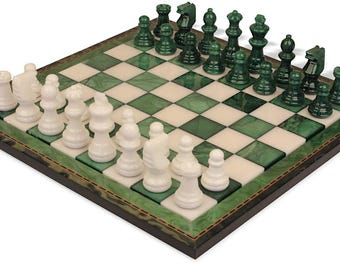 Scali Alabaster Chess Set with Deluxe Frame - Green & White - 15"