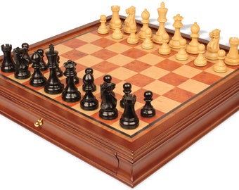 Parker Staunton Chess Set - Ebonized & Boxwood Pieces - Elm Burl  Bird's-Eye Maple Two-Drawer Chess Case - 3.75" King