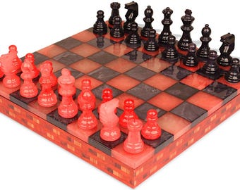 Scali Alabaster Chess Set with Storage Tray - Black & Red - 15"