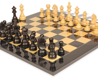 German Knight Staunton Chess Set - Ebonized & Boxwood Pieces - Black  Ash Burl Chess Board - 3.25" King