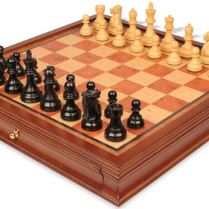 Fischer-Spassky Commemorative Chess Set - Ebonized & Boxwood Pieces - Elm Burl Bird's-Eye Maple Two-Drawer Chess Case - 3.75" King image 1