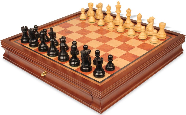 Fischer-Spassky Commemorative Chess Set - Ebonized & Boxwood Pieces - Elm Burl Bird's-Eye Maple Two-Drawer Chess Case - 3.75" King image 1