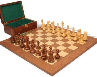 New Exclusive Staunton Chess Set - Golden Rosewood & Boxwood Pieces - Walnut Deluxe Chess Board  Box - 4" King