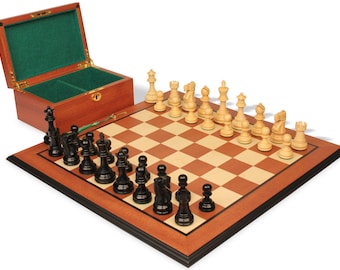 Deluxe Old Club Staunton Chess Set - Ebony & Boxwood Pieces - Mahogany Molded Edge Chess Board  Box - 3.75" King