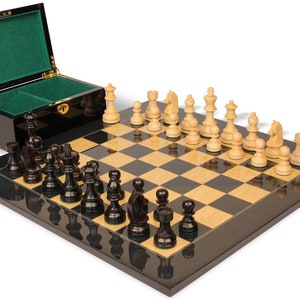 German Knight Staunton Chess Set Ebonized & Boxwood Pieces with Black  Ash Burl Board  Box - 3.75&quot; King