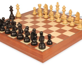 German Knight Staunton Chess Set - Ebonized Boxwood Pieces - Mahogany Deluxe Chess Board - 3.25" King