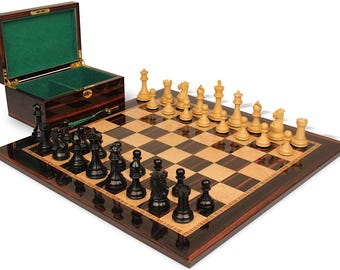 Old English Classic Staunton Chess Set - Ebonized & Natural Boxwood Pieces - Macassar  Bird's-Eye Maple Chess Board  Box - 3.9" King