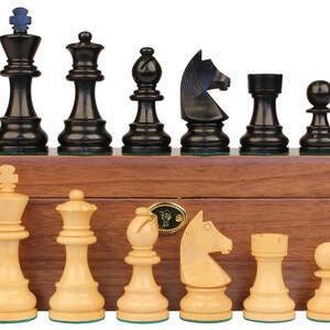 German Knight Staunton Chess Set Ebonized & Boxwood Pieces with Walnut Box - 3.75&quot; King